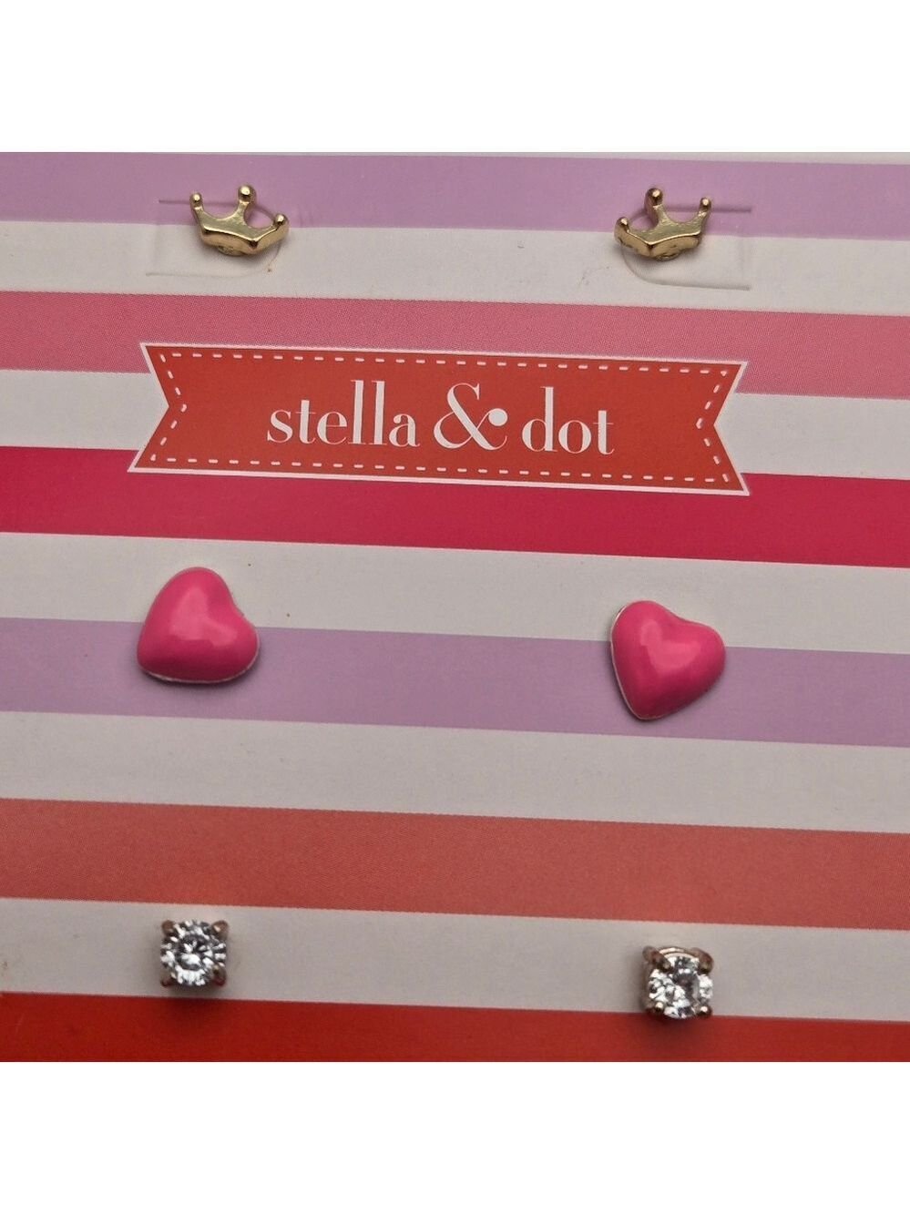 Stella & Dot Kids 3-Pair Stud Earring Set Crown Heart Crystal NWT